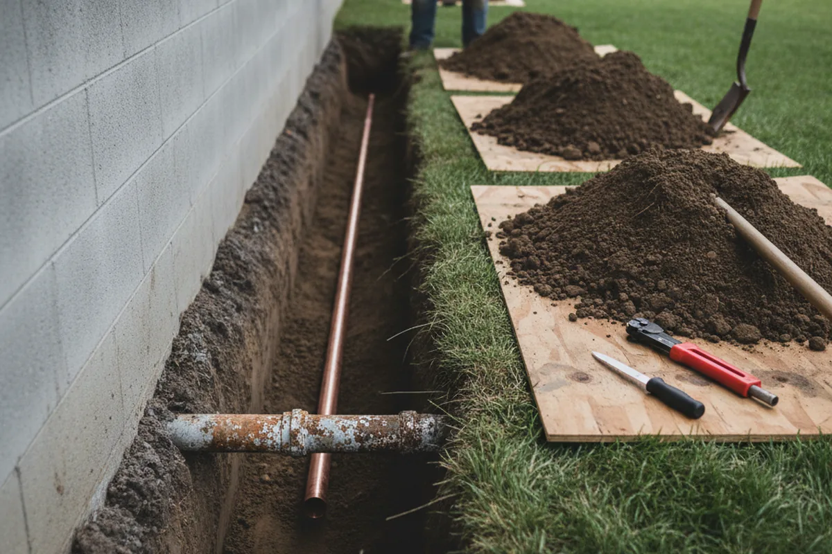 Excavated water line trench during Water Heater Repair in Monterey